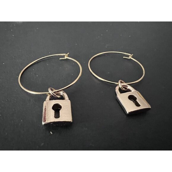 Gold Round Hoop Earrings with Dangling Gold PADLOCKS - Picture 3 of 4